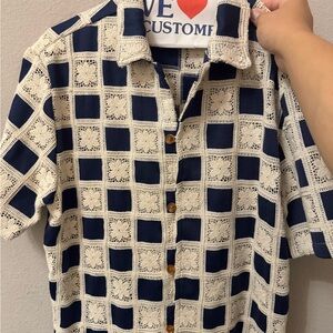 PacSun Navy and Cream Checkered Crochet Shirt